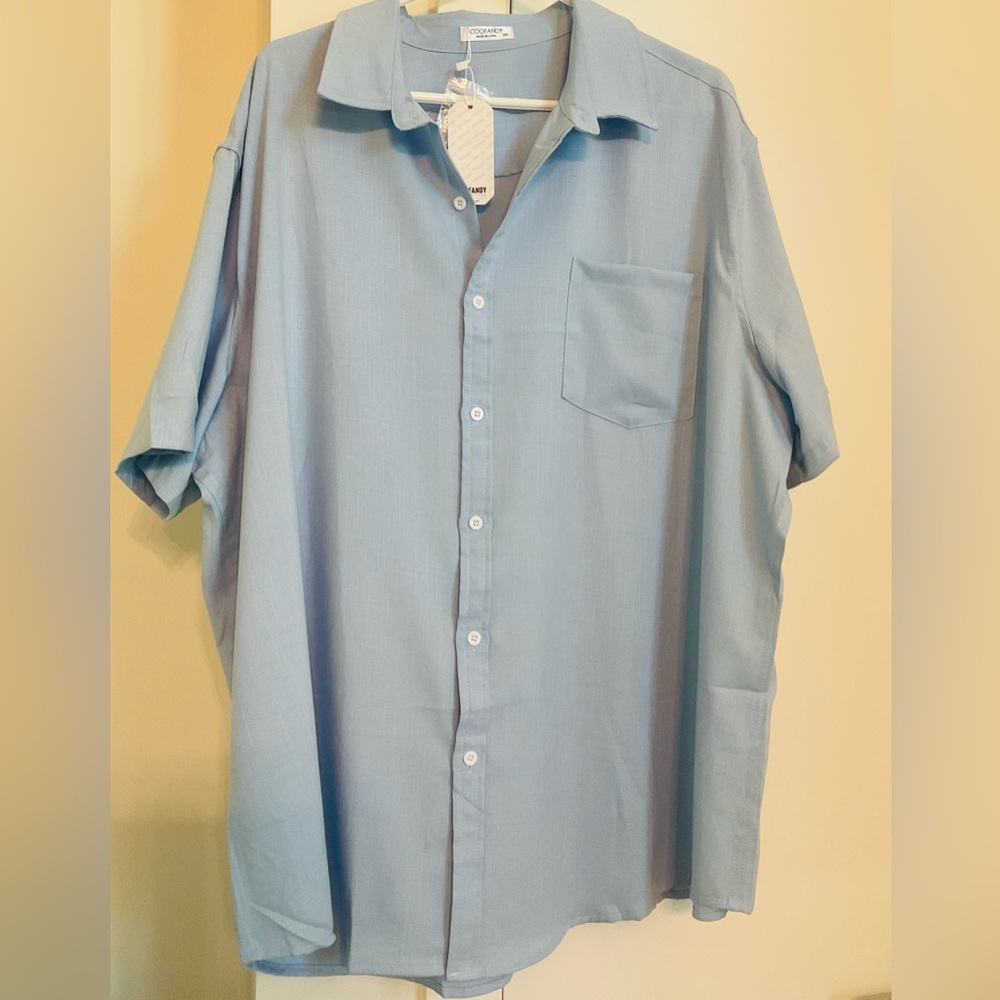 NEW Blue Casual Button Down Linen Mix Shirt with Classic Collar